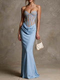 Light Blue Strapless Lace Sheer Corset Lace-Up Backless Draped Satin Mermaid Evening Gown