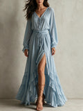 Long Sleeve Drawstring Waist Ruffled High Slit Maxi Dress