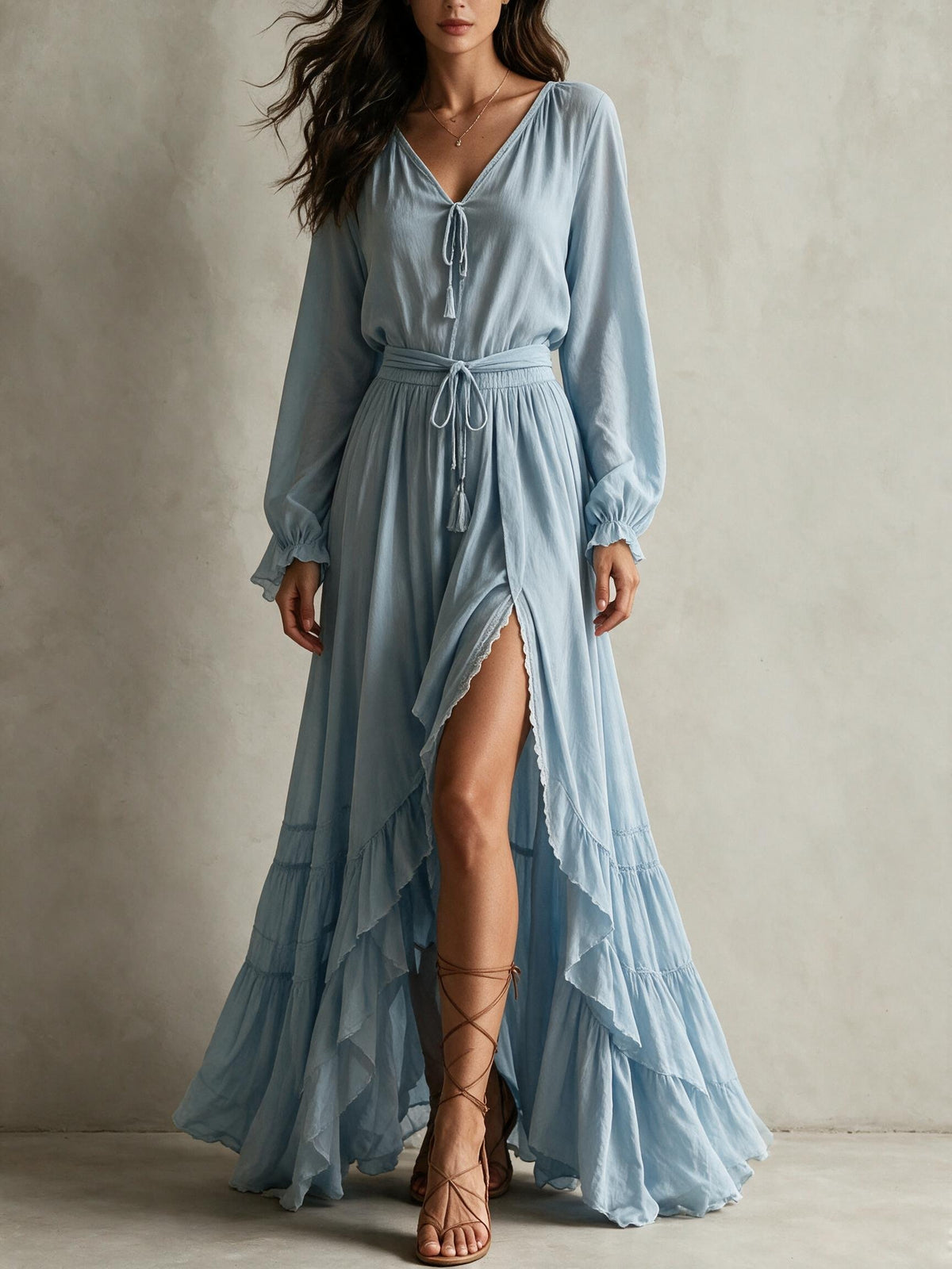 Long Sleeve Drawstring Waist Ruffled High Slit Maxi Dress