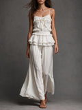 Spaghetti Strap Ruffle Crop Top And Wide-Leg Pants Set