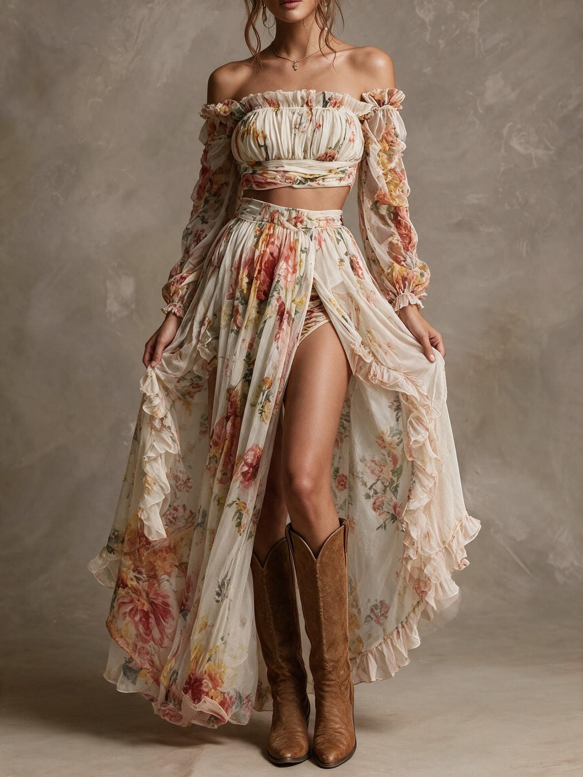 Off-Shoulder Floral Ruffle Two-Piece Maxi Set