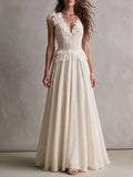 Cream Lace Applique A-Line Gown