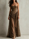 Strapless Corset Style Lace Panel Maxi Dress