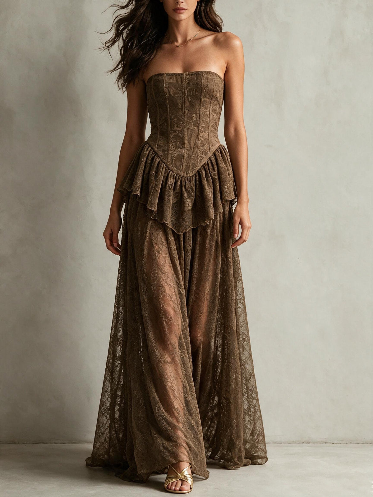Strapless Corset Style Lace Panel Maxi Dress