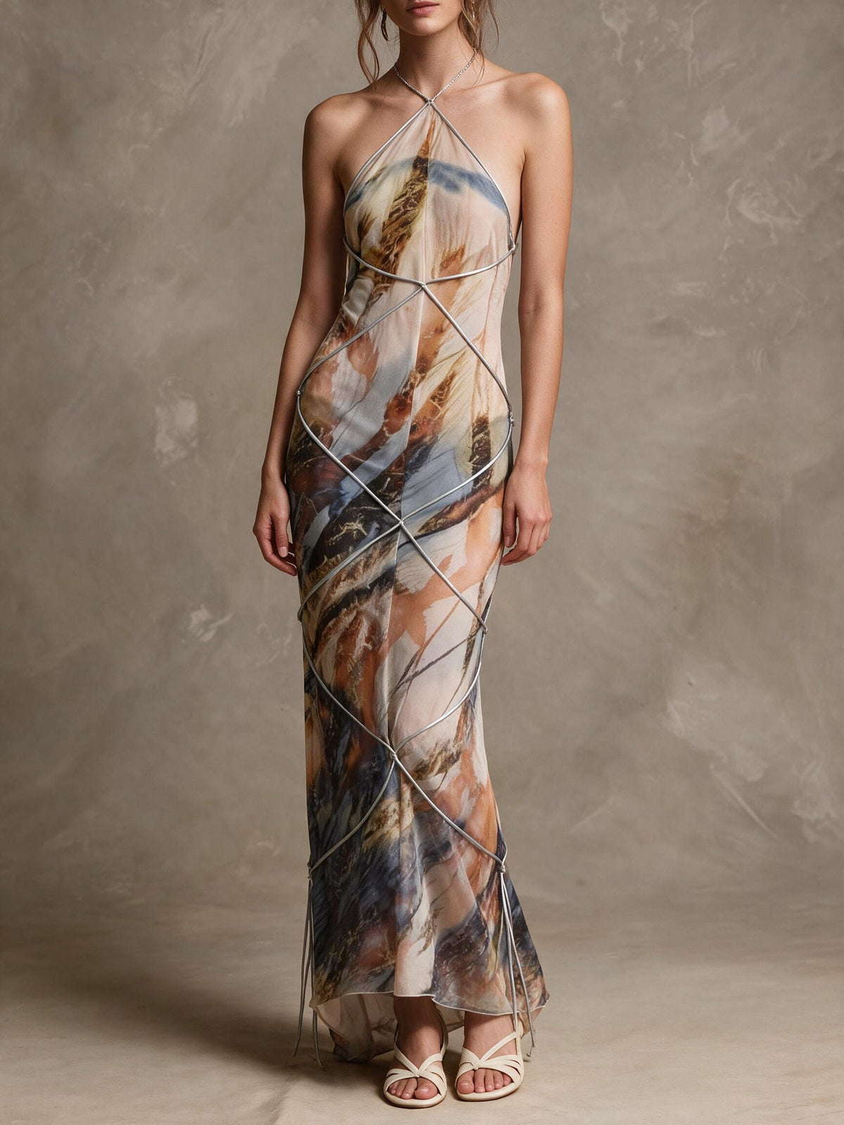 Metallic Rope Detail Abstract Print Maxi Dress