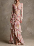 Cutout Long Sleeve Abstract Stripe Ruffle Maxi Dress