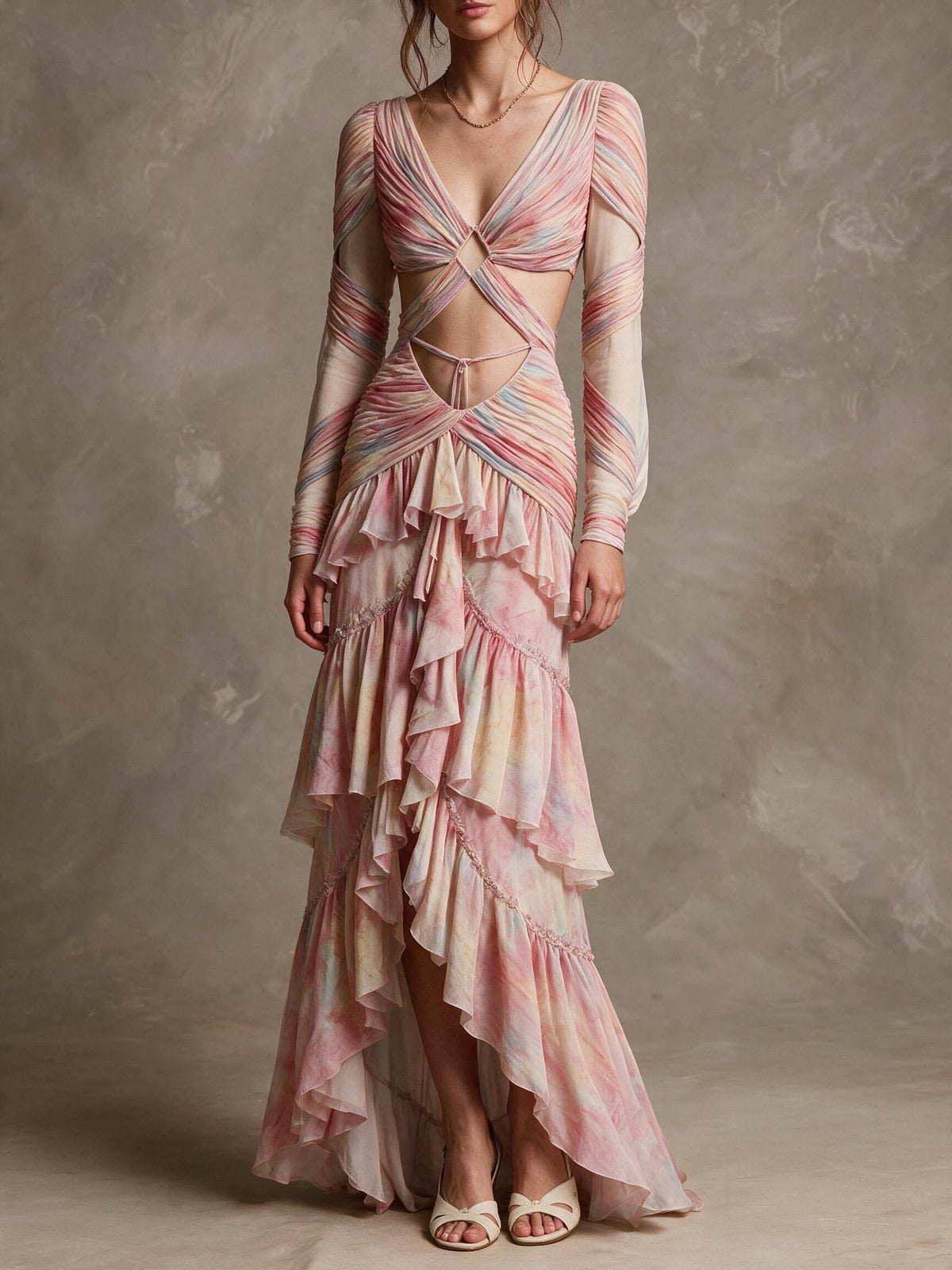 Cutout Long Sleeve Abstract Stripe Ruffle Maxi Dress