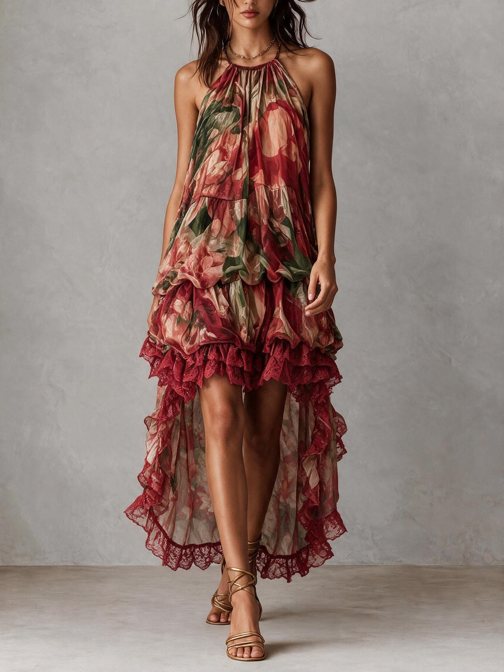 Halter Tiered Lace Trim Hi-Low Maxi Dress