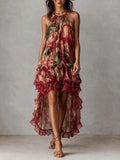 Halter Tiered Lace Trim Hi-Low Maxi Dress