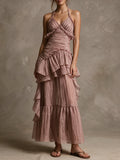 Mauve Ruched Halter Tiered Ruffle Dress