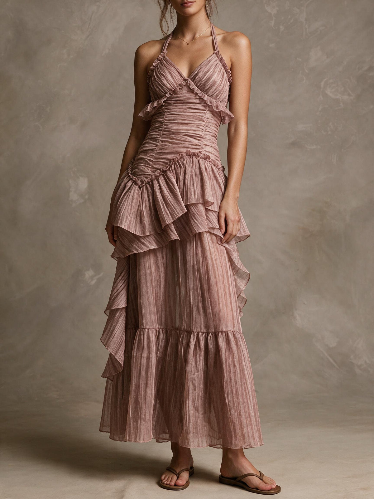 Mauve Ruched Halter Tiered Ruffle Dress