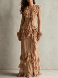 Camel Ruffle Rosette Long Sleeve Maxi Dress