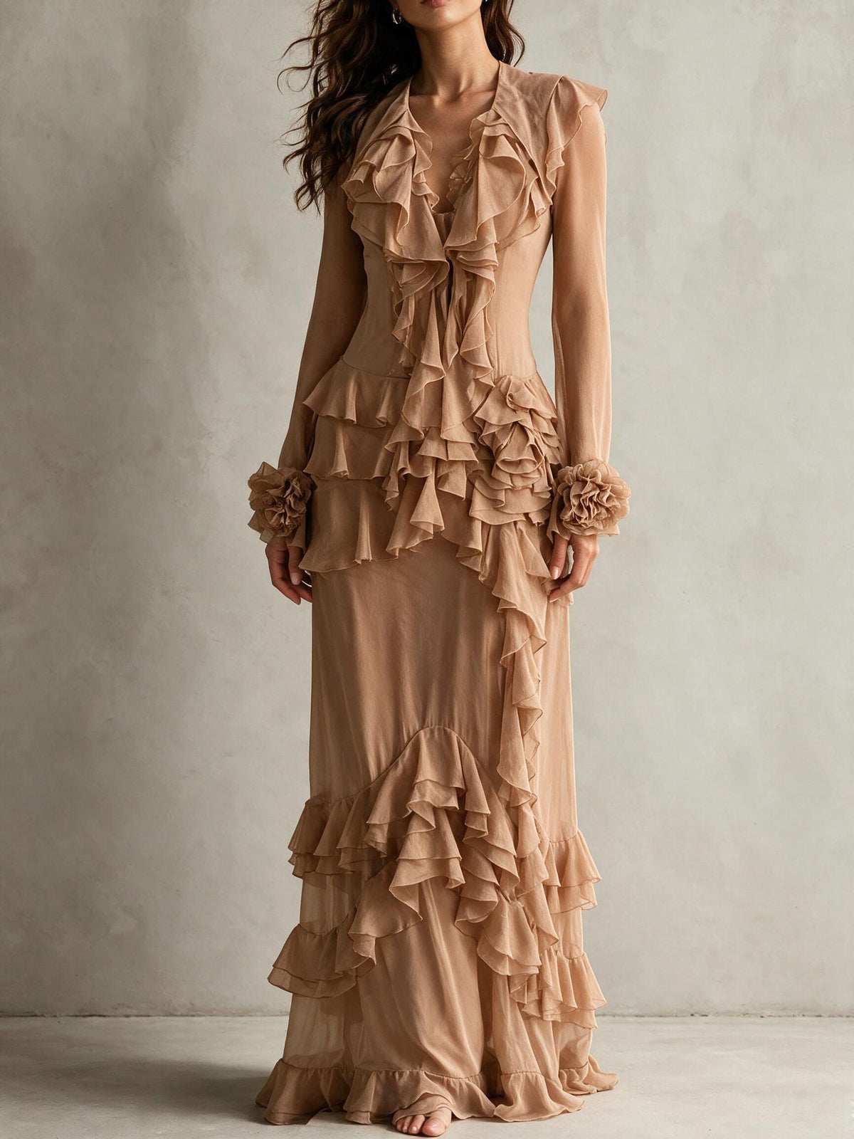 Camel Ruffle Rosette Long Sleeve Maxi Dress