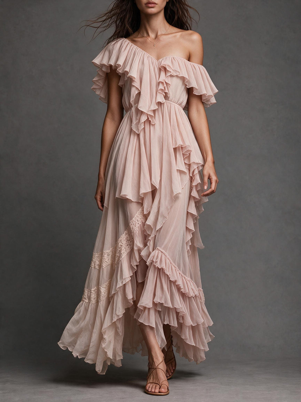 Sleeveless V-Neck Cascading Tiered Ruffle Maxi Dress