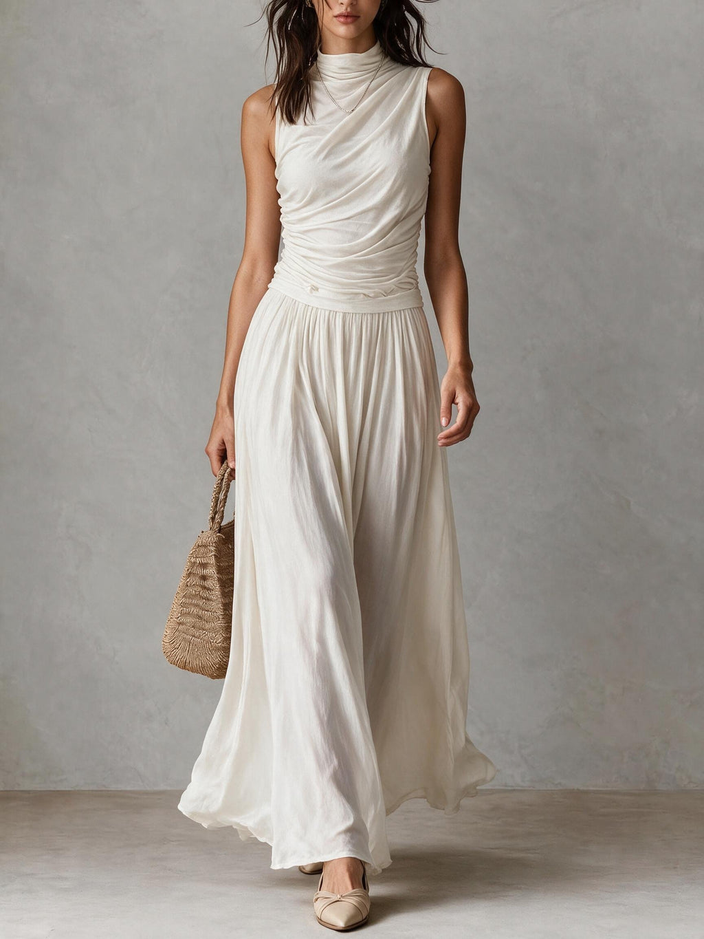Mock Neck Sleeveless Draped Maxi Dress