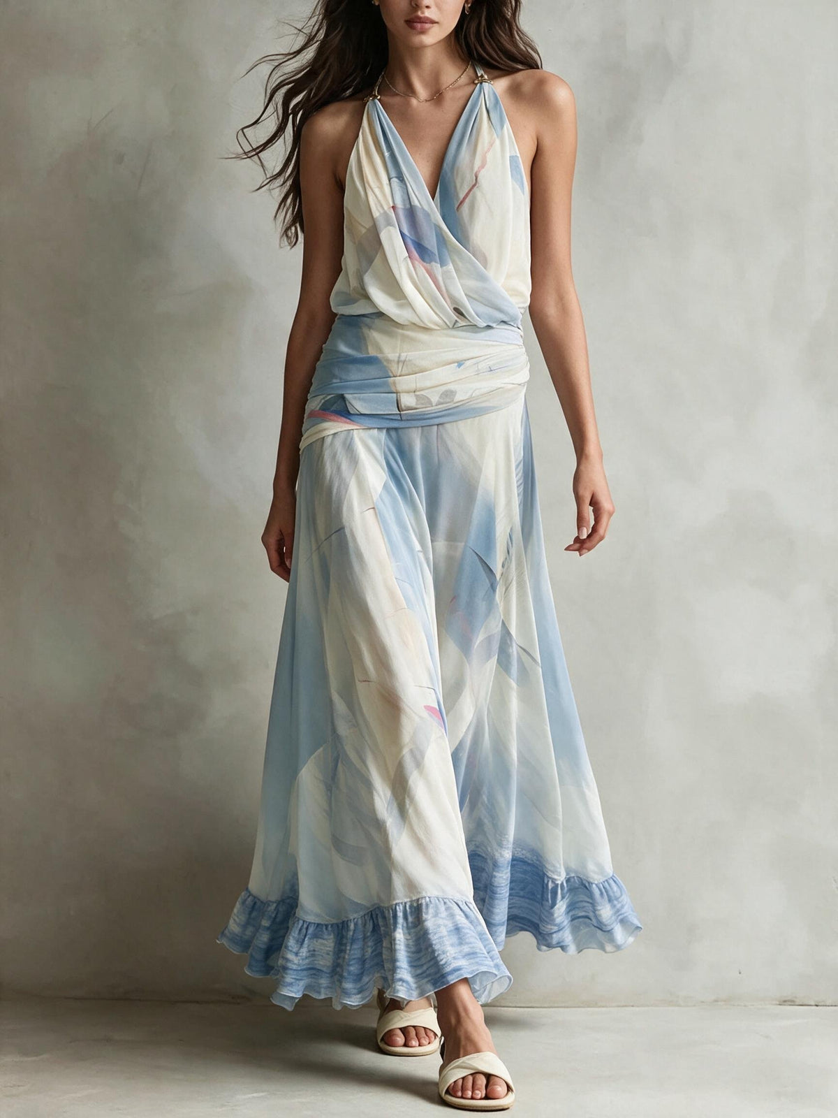 Halter Draped Abstract Print Ruffle Maxi Dress