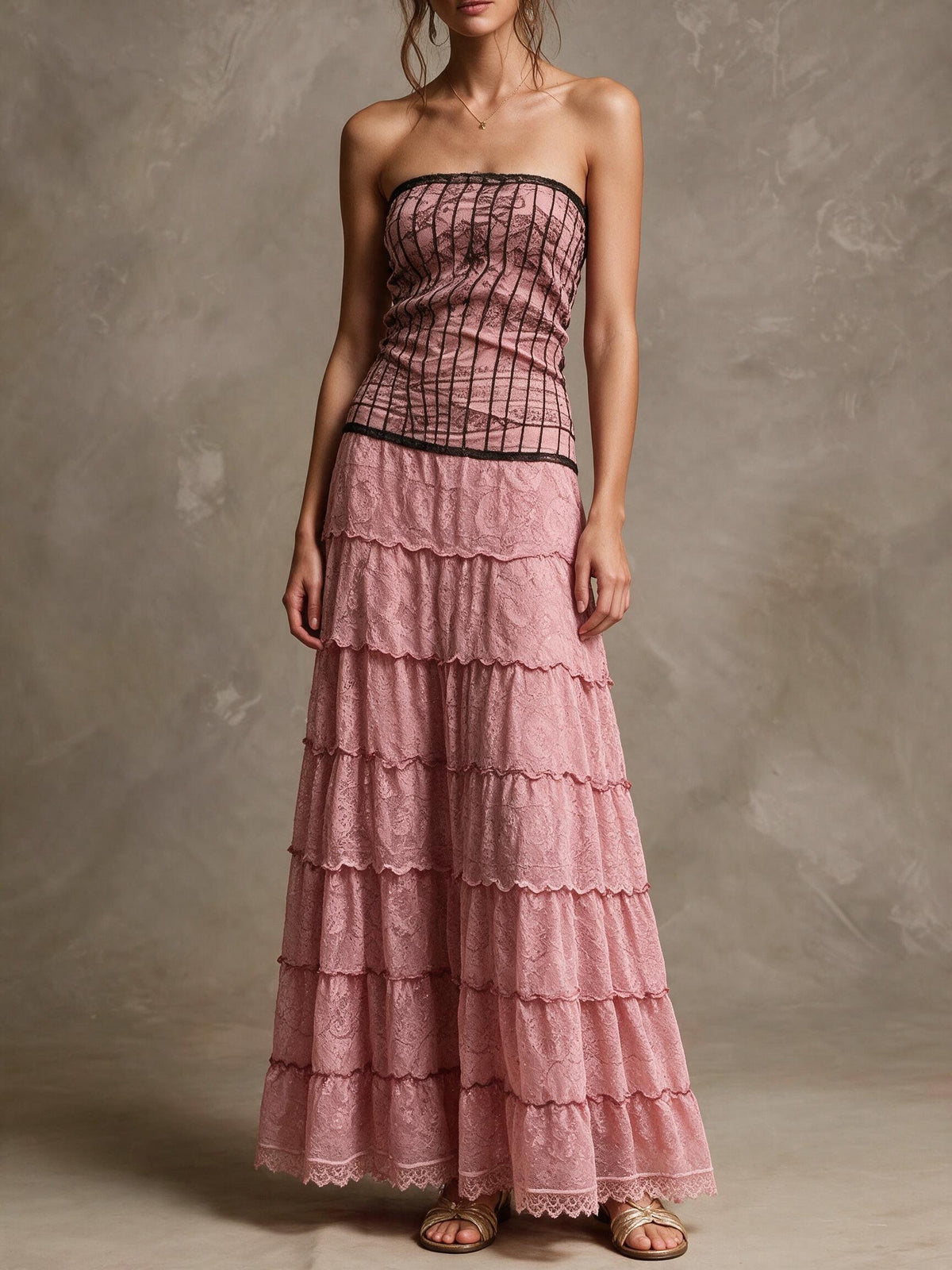 Lace Panel Strapless Tiered Maxi Dress