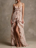 Floral Print High-Low Tiered Ruffle Spaghetti Strap Dress