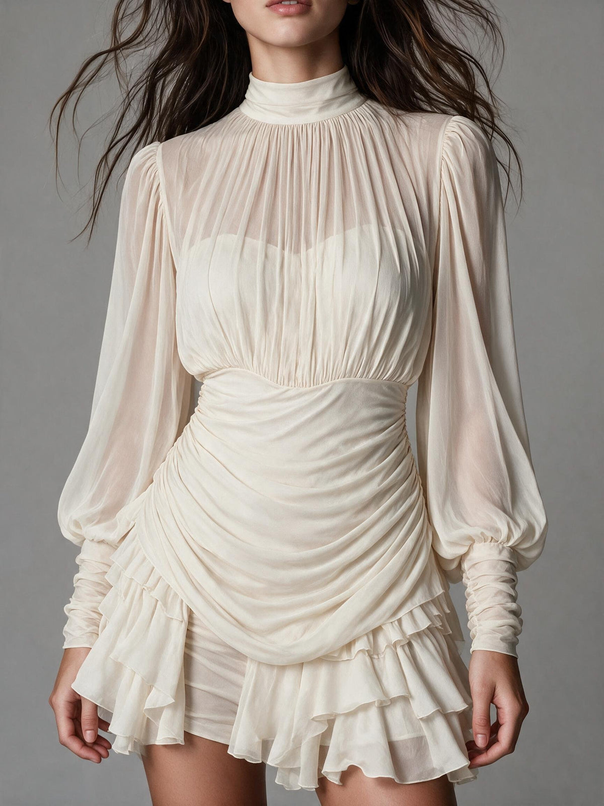 Cream Sheer Ruffle Mini Dress
