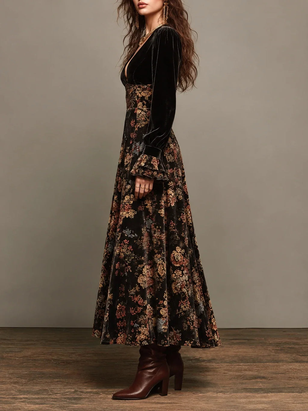 Elegant Black Velvet Floral Panel Maxi Dress