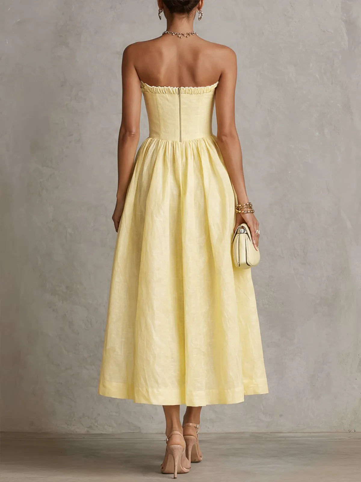 Yellow Strapless Floral Applique Midi Dress