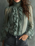 Retro Elegant Sage Green Pleated Chiffon Ruffle Lace Blouse