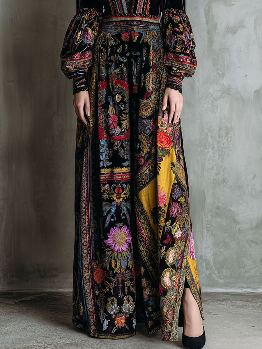 Boho Floral Print Velvet Long Sleeve Gown Maxi Dress With Lace Trim