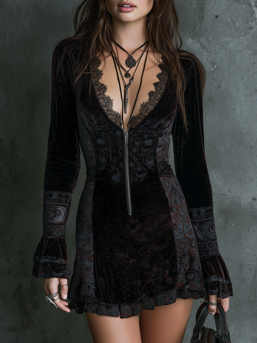 Bohemian Delicate Lace Velvet Mini Dress