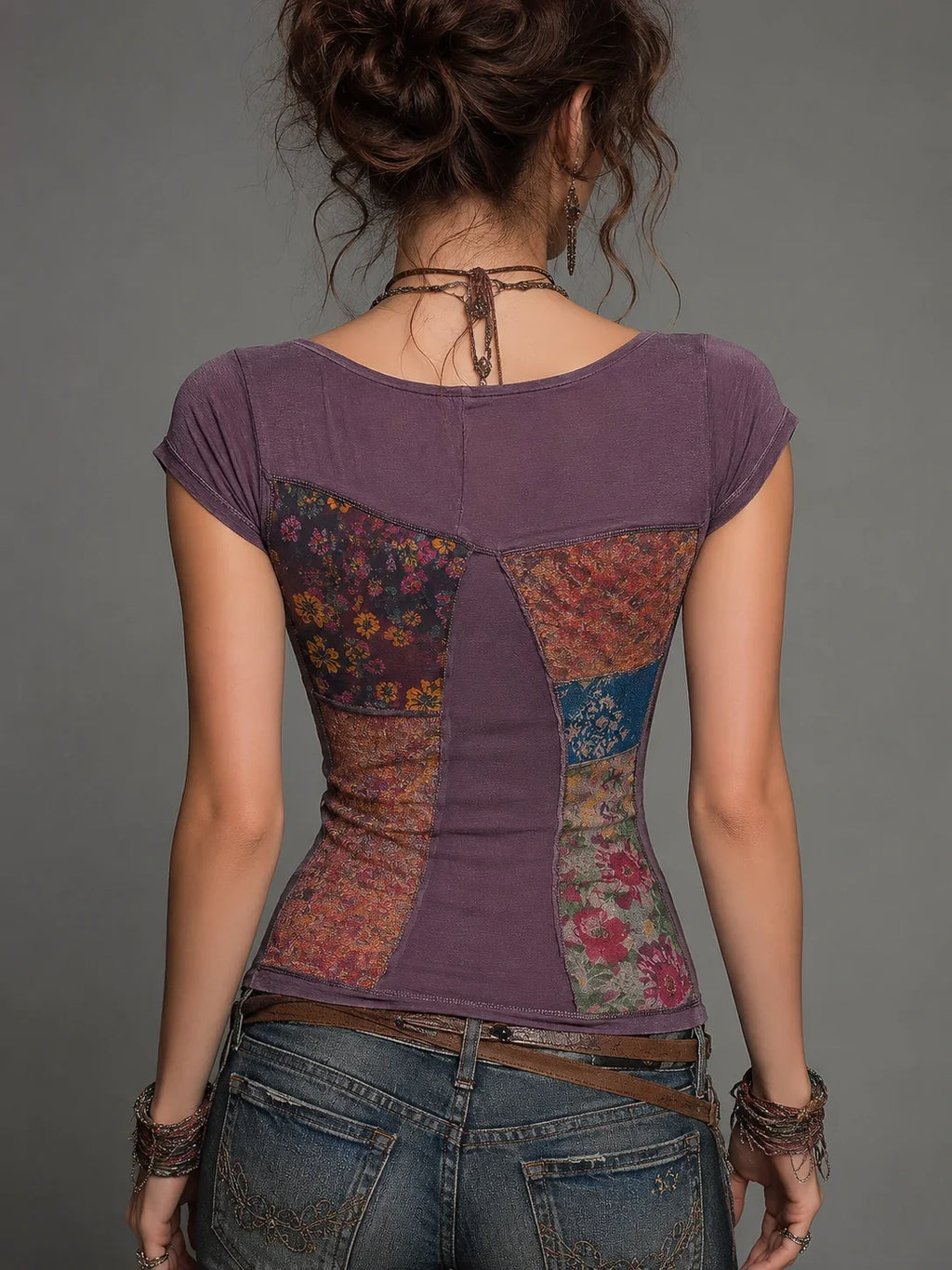 Vintage-style Patchwork Print Draped-neck Short-sleeve T-shirt