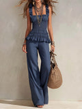 Bohemian Ruffle Smocked Tencel Camisole & Wide-Leg Pants Set