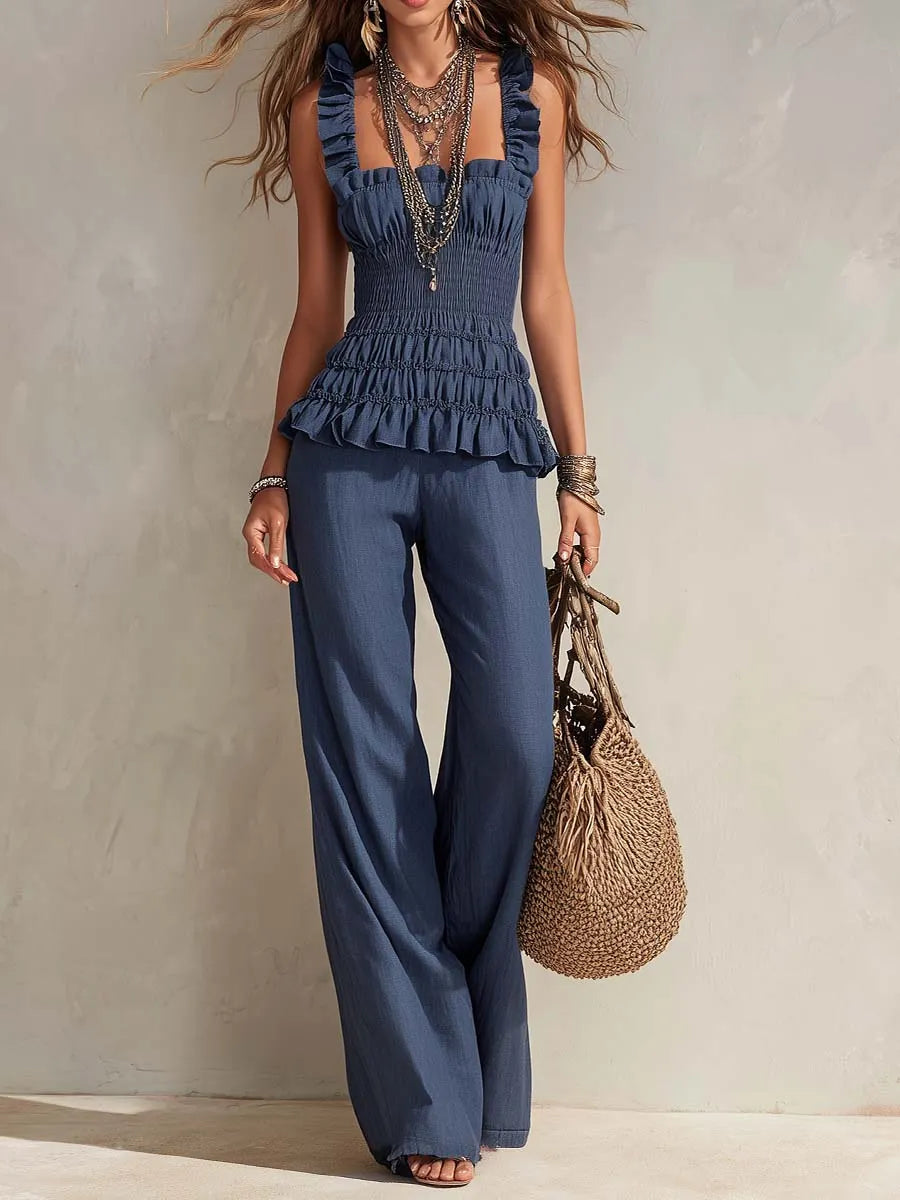 Bohemian Ruffle Smocked Tencel Camisole & Wide-Leg Pants Set