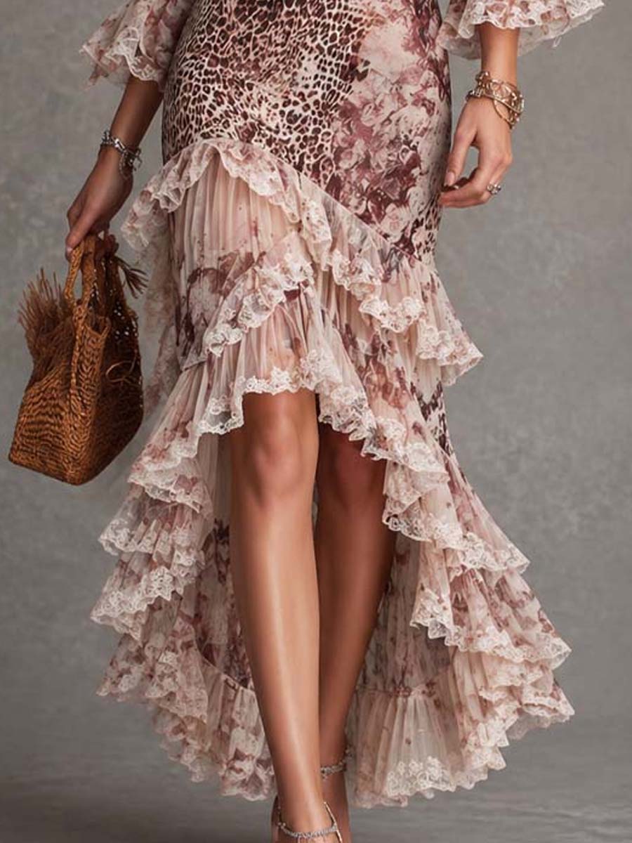 Leopard And Floral Print Lace Trim Mermaid Maxi Dress