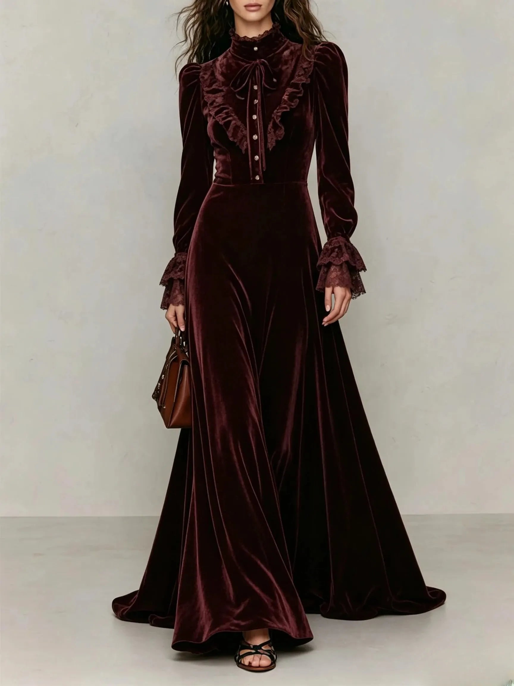 Velvet High Neck Bow Victorian Maxi Dress