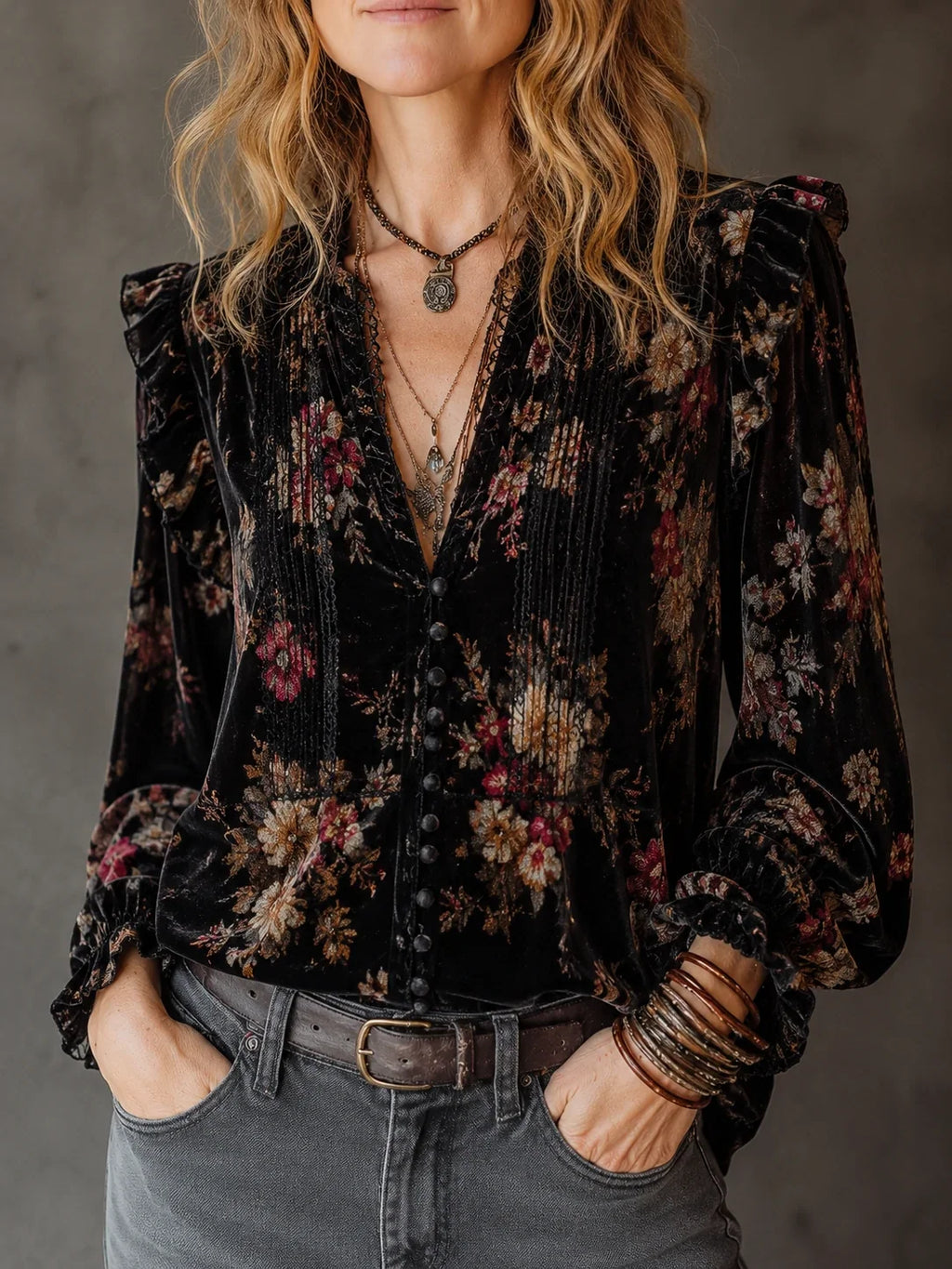 Black Velvet Floral Deep-V Pintuck Blouse