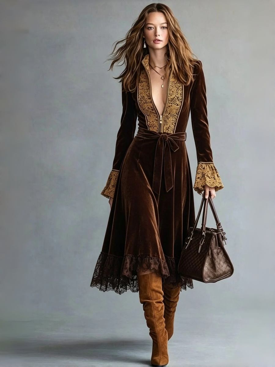 Brown Velvet Lace Trim Maxi Coat Dress