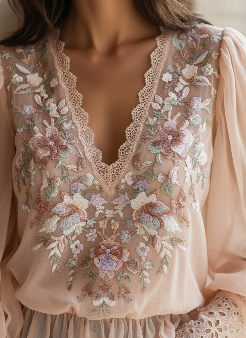 Elegant Embroidered V-Neck Chiffon Blouse with Lace Trim