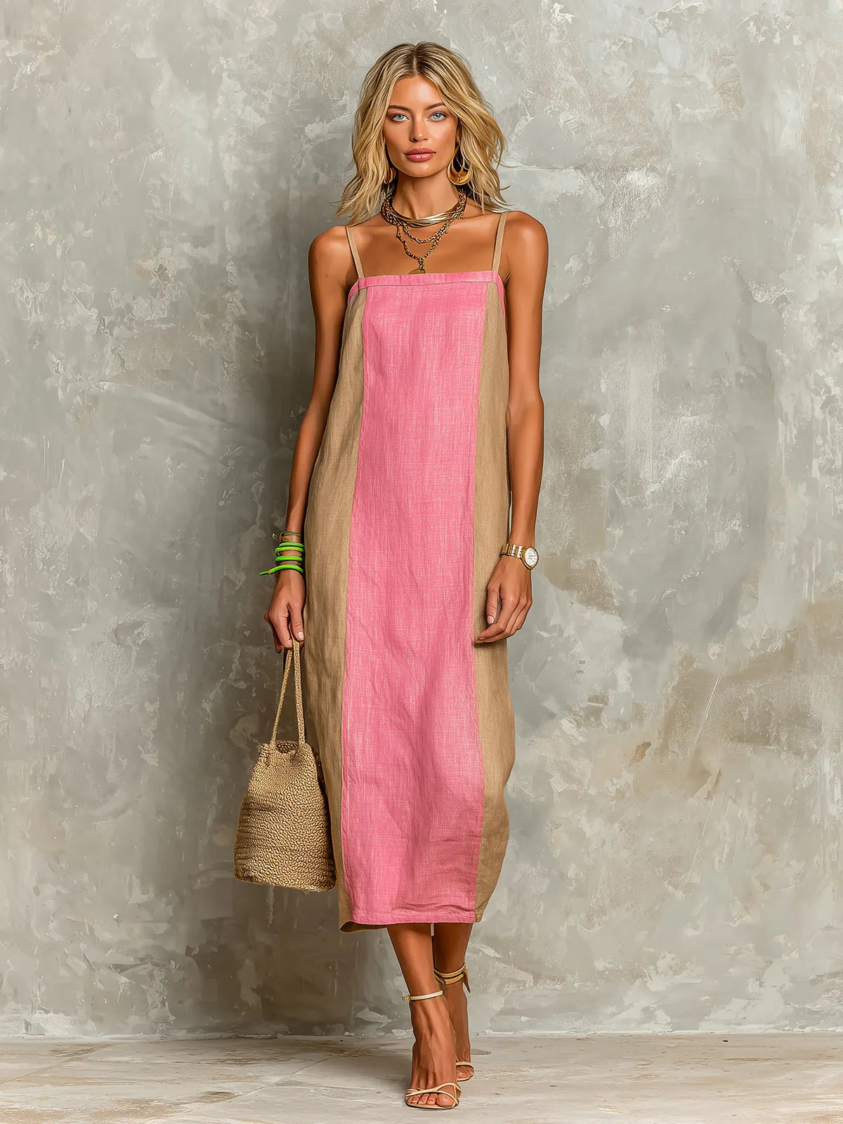 Chic Casual Camel-Pink Colorblock Cotton-Linen Spaghetti-Strap Square-Neck Sleeveless Loose-Fit Midi Dress