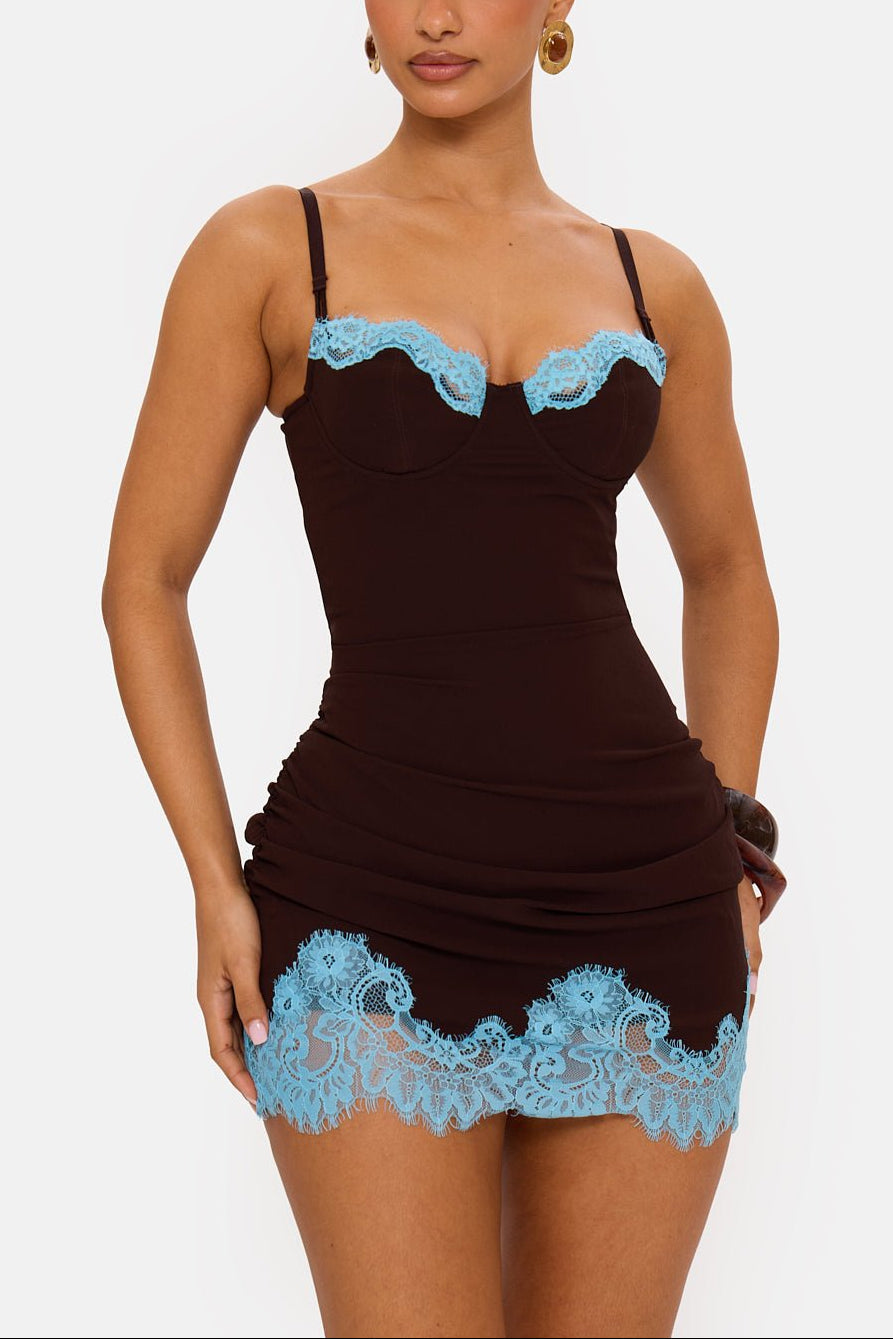 Brown Bodycon Mini Dress with Contrast Blue Lace Trim