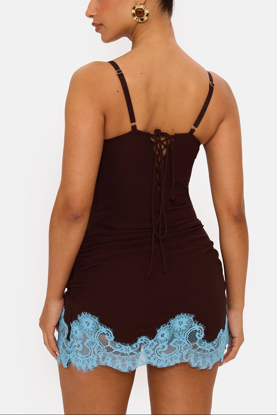 Brown Bodycon Mini Dress with Contrast Blue Lace Trim