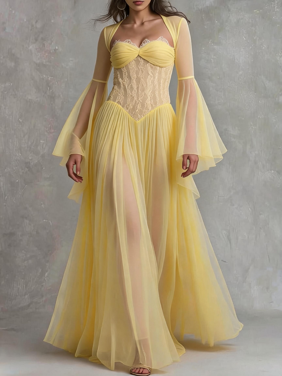 Yellow Sheer Tulle Flare Sleeve Lace Corset Maxi Dress