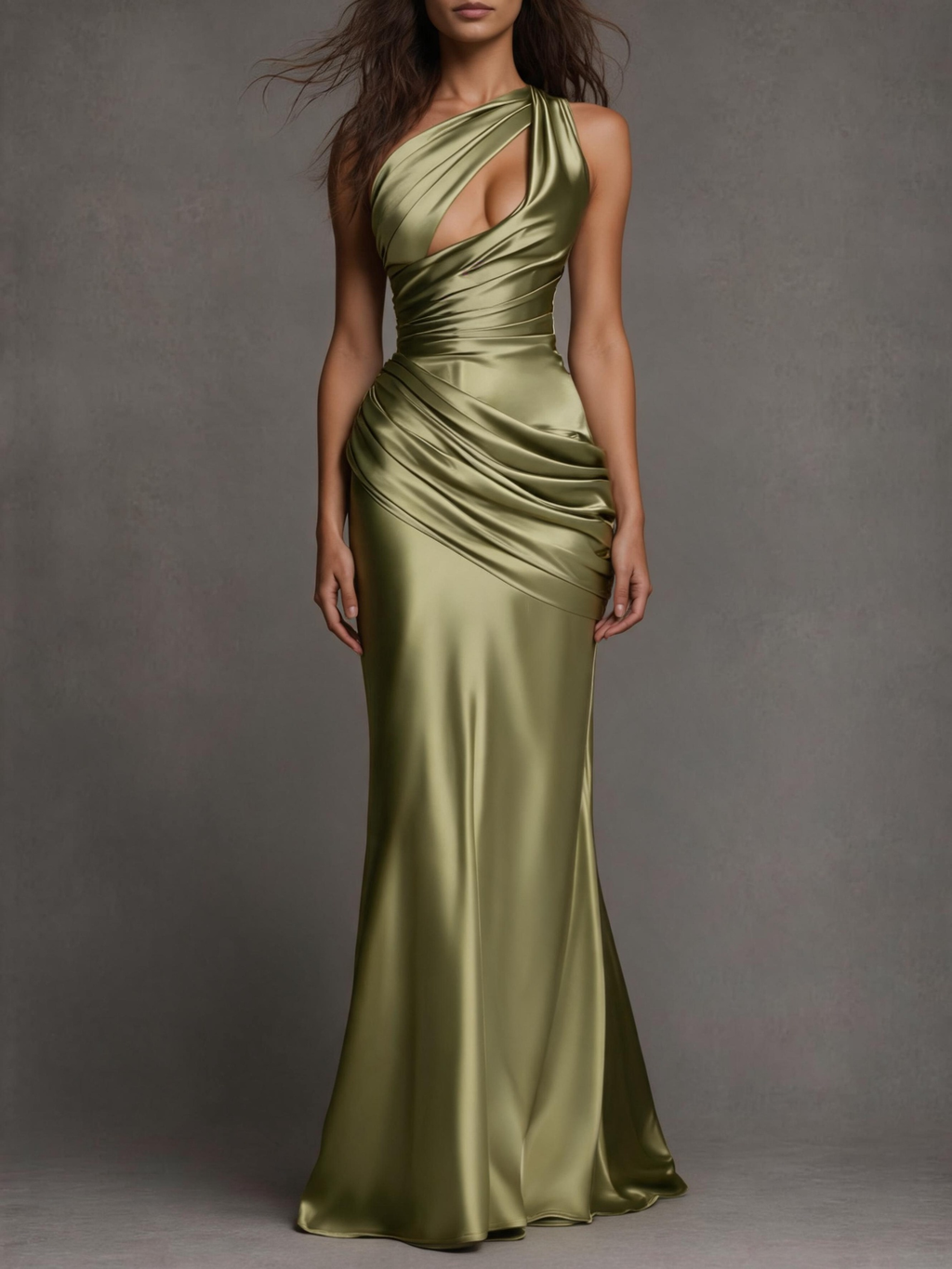 Olive Green Satin Ruched One-Shoulder Cutout Mermaid Gown