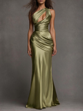 Olive Green Satin Ruched One-Shoulder Cutout Mermaid Gown