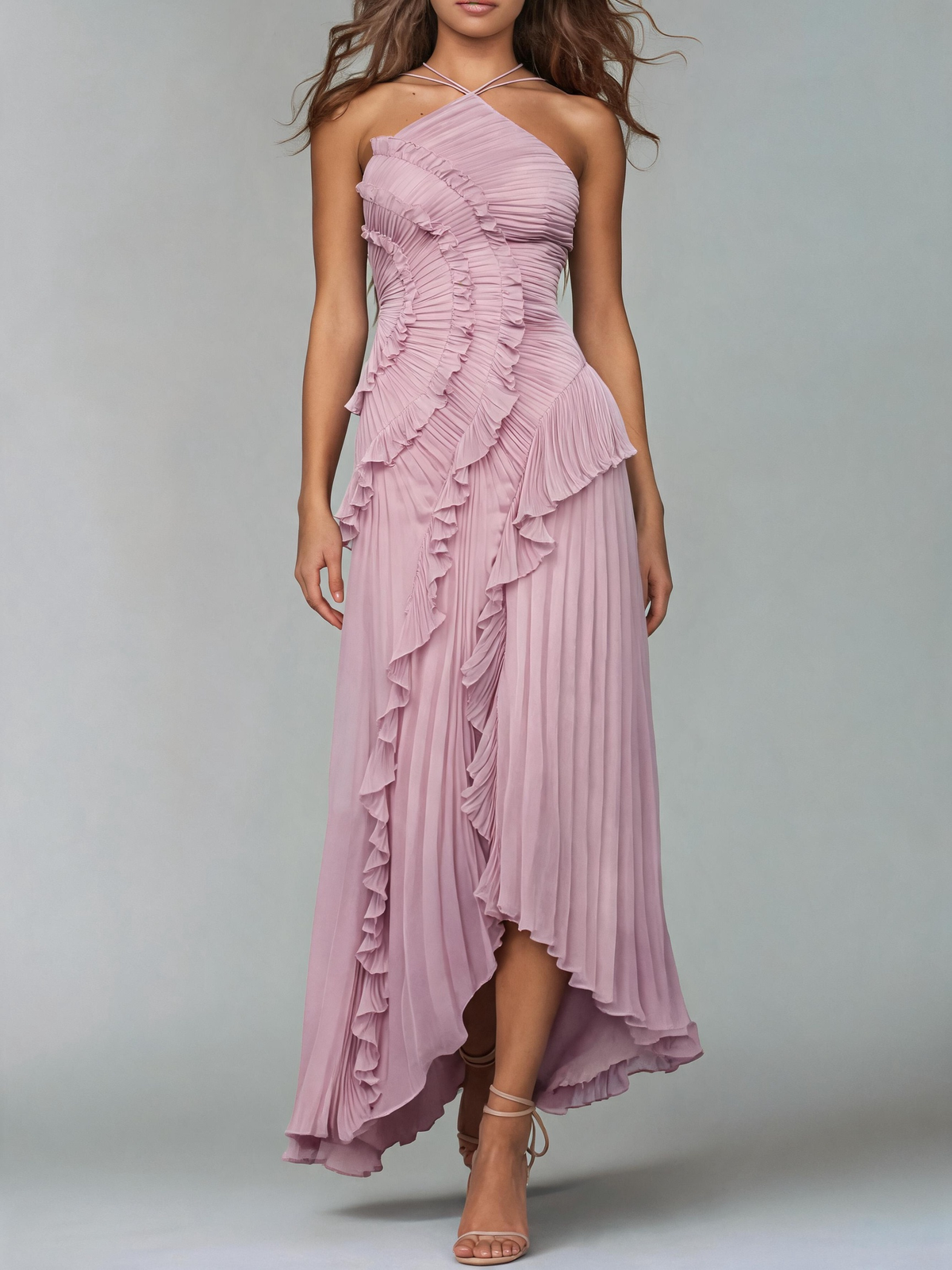 Dusty Pink Halter Cross-Neck Pleated Ruffle Asymmetric Maxi Dress