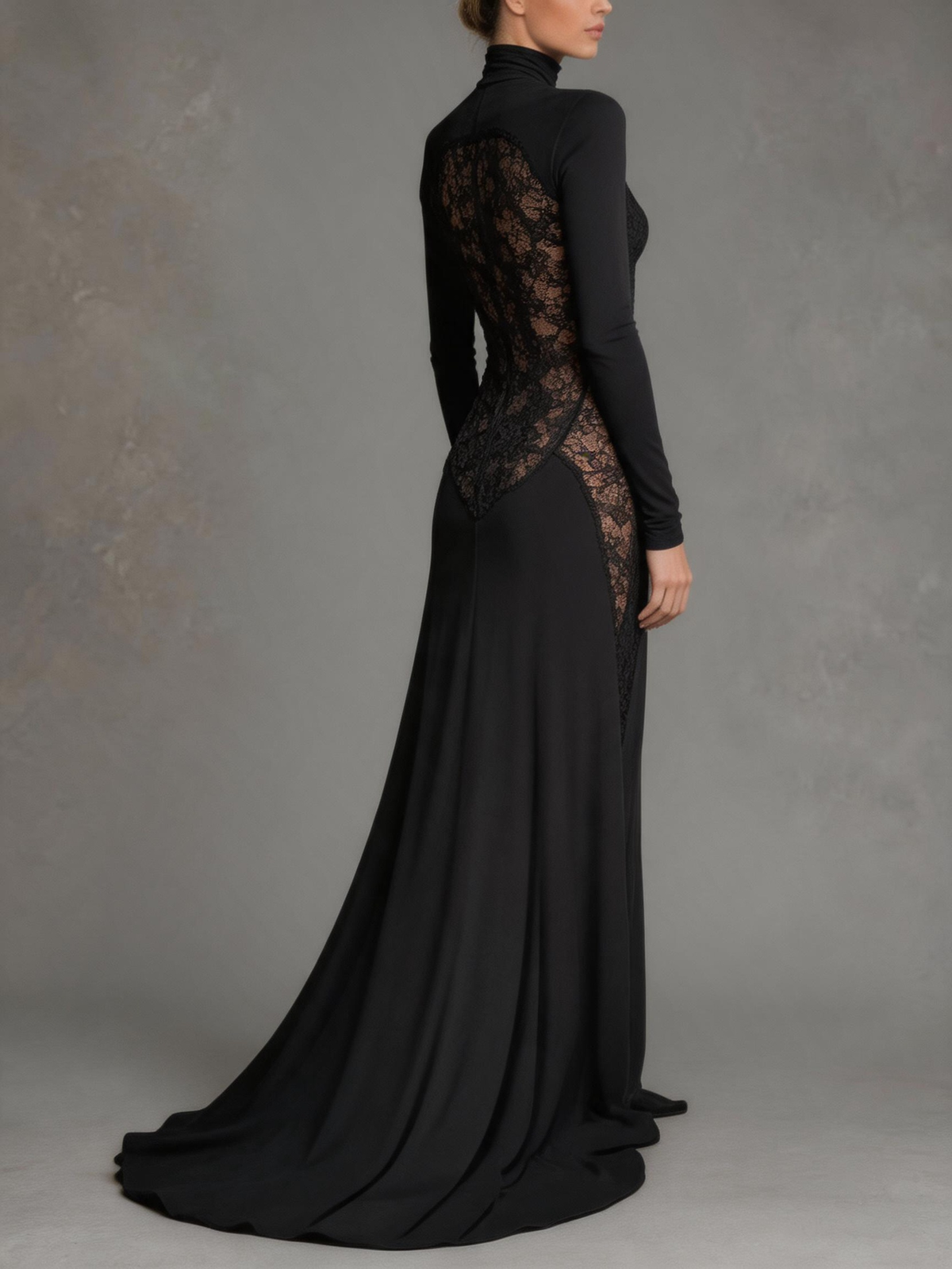 Black Turtleneck Lace Panel Mermaid Gown - Back View
