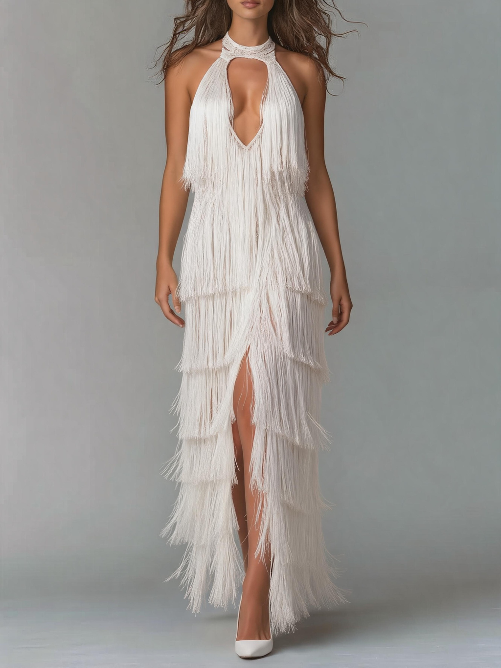 White Halter Keyhole Tiered Fringe Tassel Maxi Dress