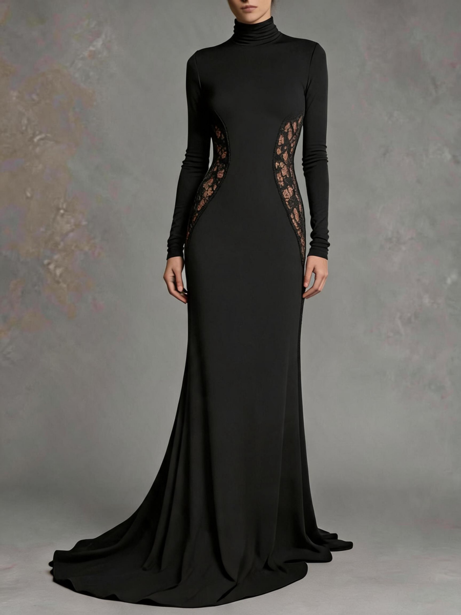 Black Turtleneck Long Sleeve Lace Panel Mermaid Evening Gown