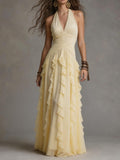 Cream Halter V-Neck Tiered Ruffle Chiffon Maxi Dress