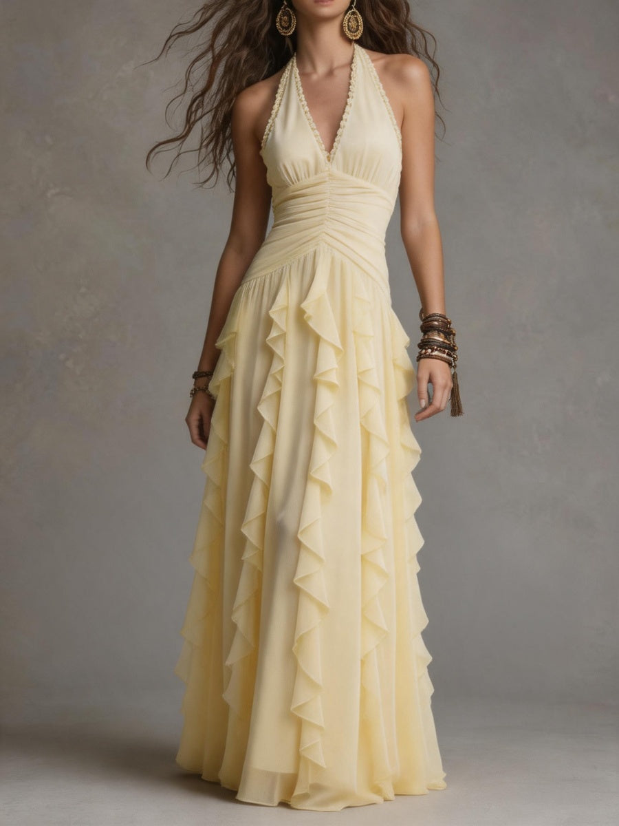 Cream Halter V-Neck Tiered Ruffle Chiffon Maxi Dress