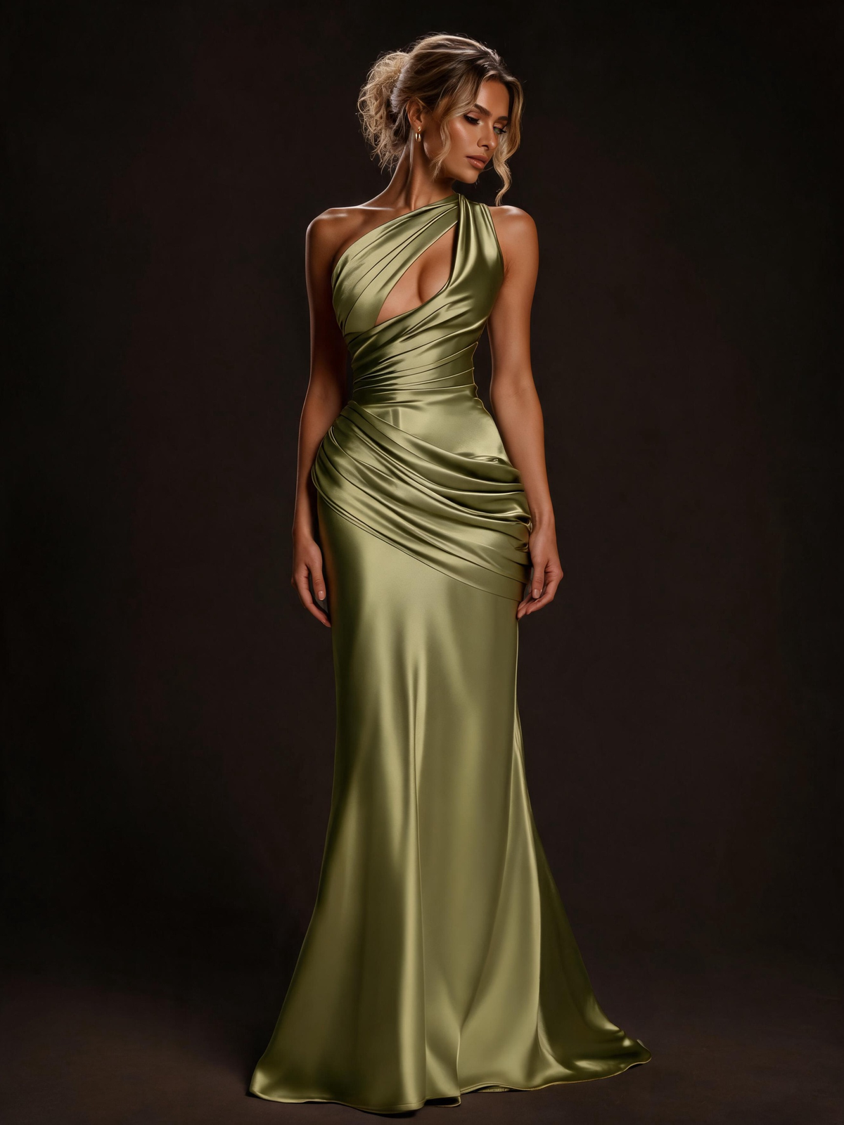 Olive Green Satin Ruched One-Shoulder Cutout Mermaid Gown