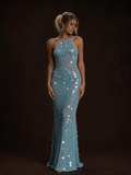 Sky Blue Halter Neck Crochet Sequin Mermaid Maxi Dress